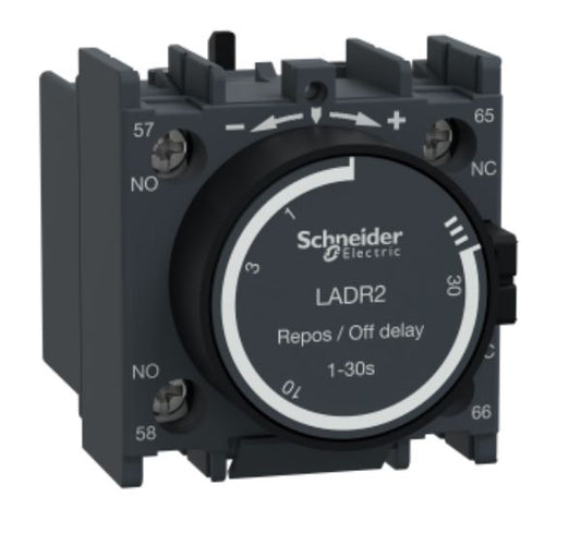 LADR2 - Schneider Electric - Time delay auxiliary contact block, TeSys D, 1NO + 1NC, off delay 1-30s, front, screw clamp terminals