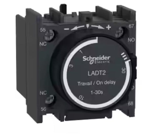 LADT2 - Schneider Electric - Time delay auxiliary contact block, TeSys D, 1NO + 1NC, on delay 0.1-30s, front, screw clamp terminals