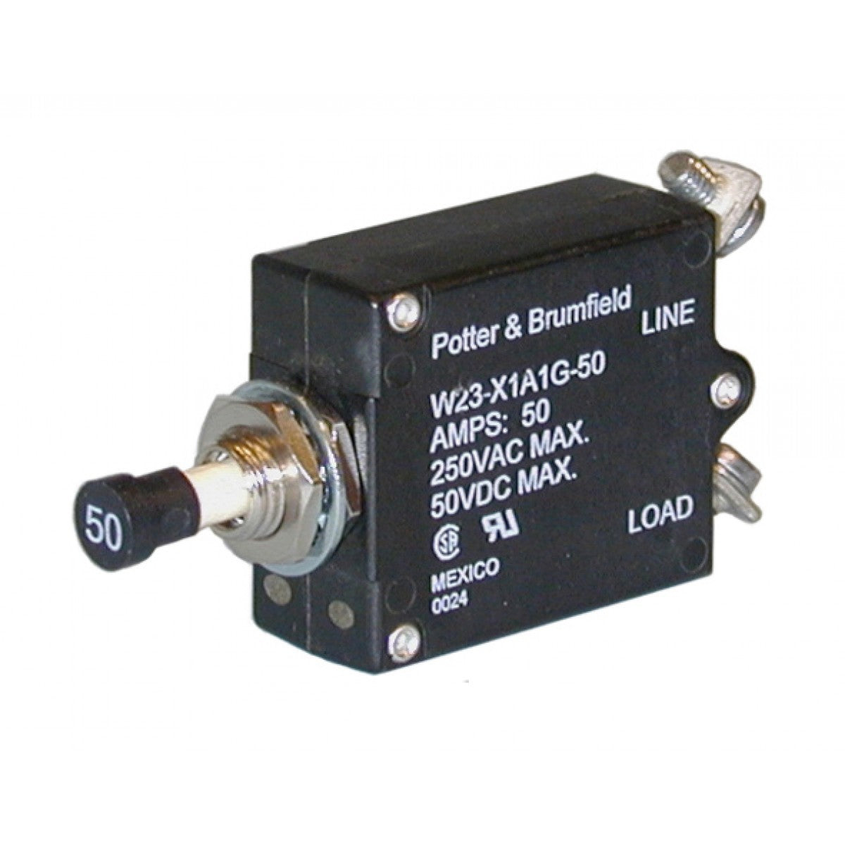 W23-X1A1G-20 - TE Connectivity - Thermal Circuit Breaker - W23 Single Pole 50 V dc, 250V ac Voltage Rating, 20A Current Rating