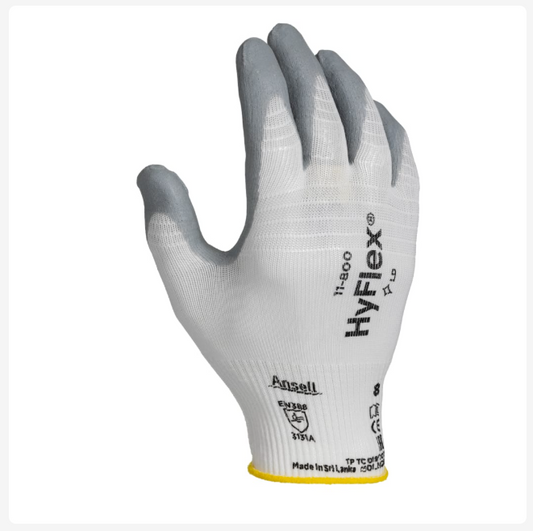 11800080 Ansell HyFlex 11-800 White Nylon Mechanic Work Gloves, Size 8, Nitrile Foam Coating