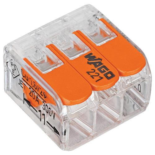 221-413  221 Terminal Block Connector, 3 Way/Pole, Spring Cage Terminals