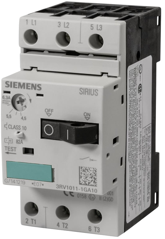 3RV1011-1GA10 4.5 → 6.3 A Motor Protection Circuit Breaker