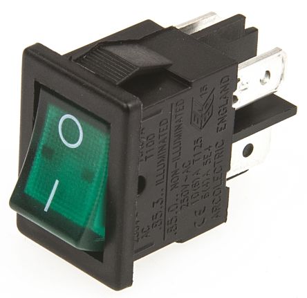 H8553VBNAE Rocker Switch, Off-On, DPST, Illuminated, Panel Mount, Green