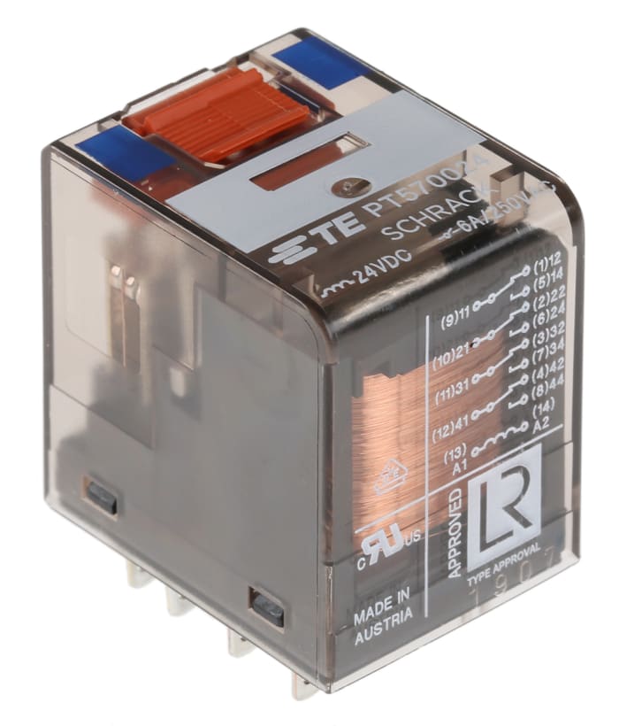 PT570024 24V dc Coil Non-Latching Relay 4PDT, 6A Switching Current Plug In