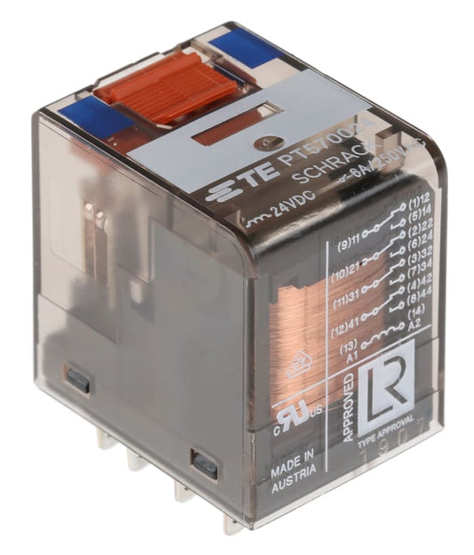 PT570024 24V dc Coil Non-Latching Relay 4PDT, 6A Switching Current Plug In