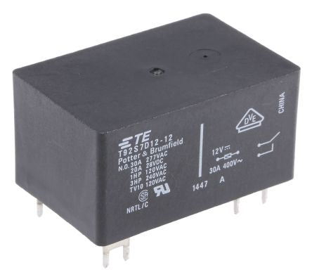 T92S7D12-12  PCB Mount Power Relay, 12V dc Coil, 30A Switching Current, DPST